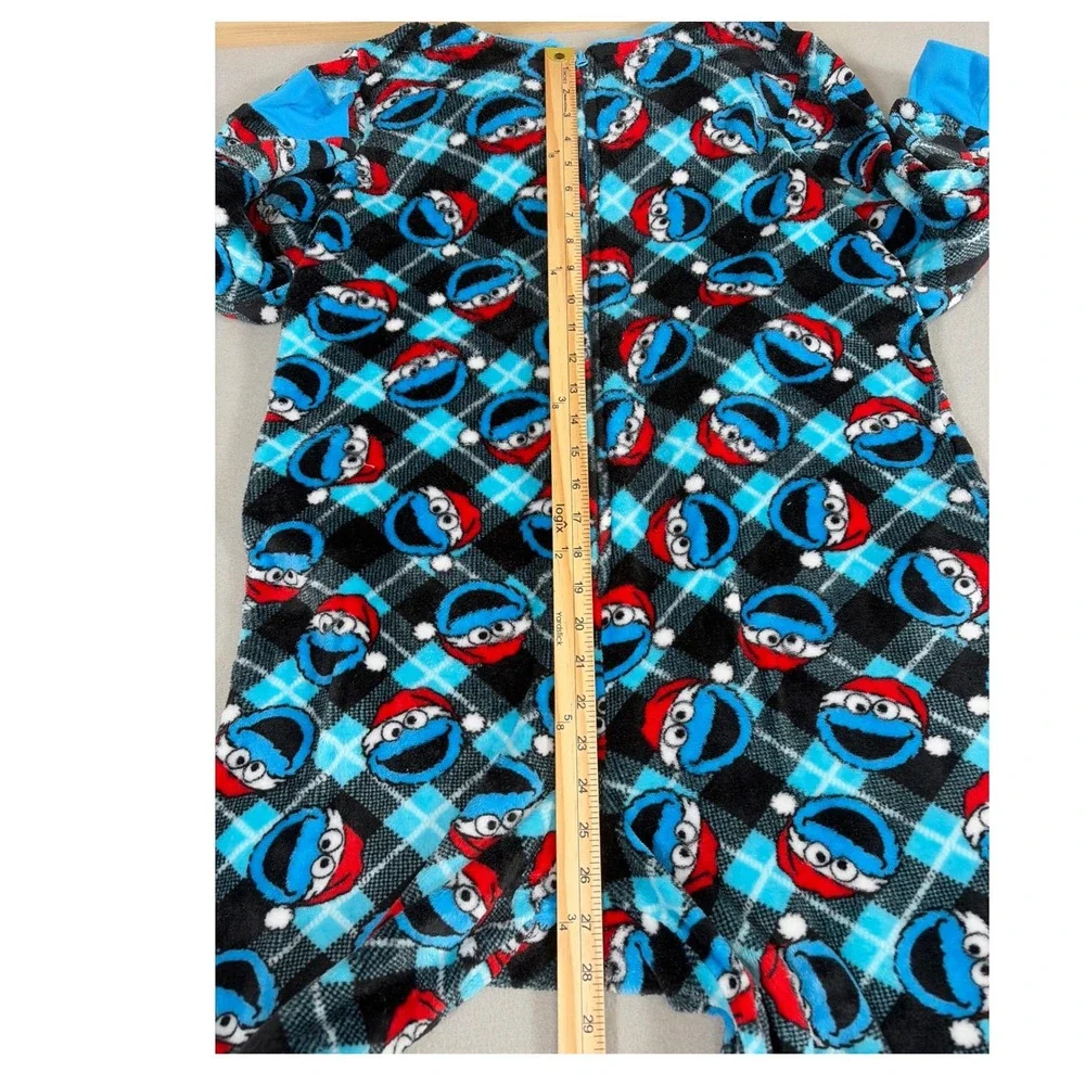 Sesame Street Cookie Monster Hooded One Piece Pajamas Suit Blue Plaid Medium